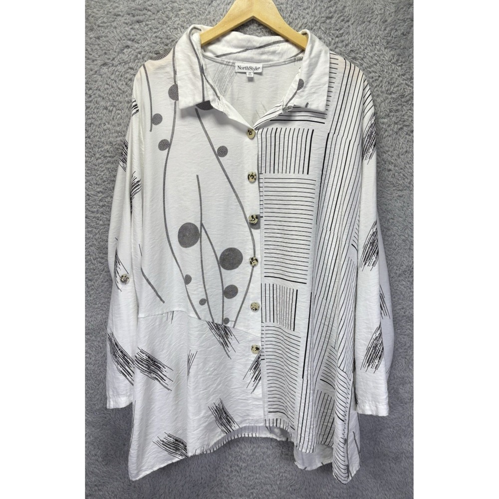 North Style Womens 2X Lagenlook Button Tunic Top Artsy Boho Roll Tab Mixed Media